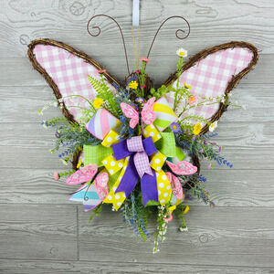Spring Grapevine Butterfly wreath for front door, pink and purple floral door de